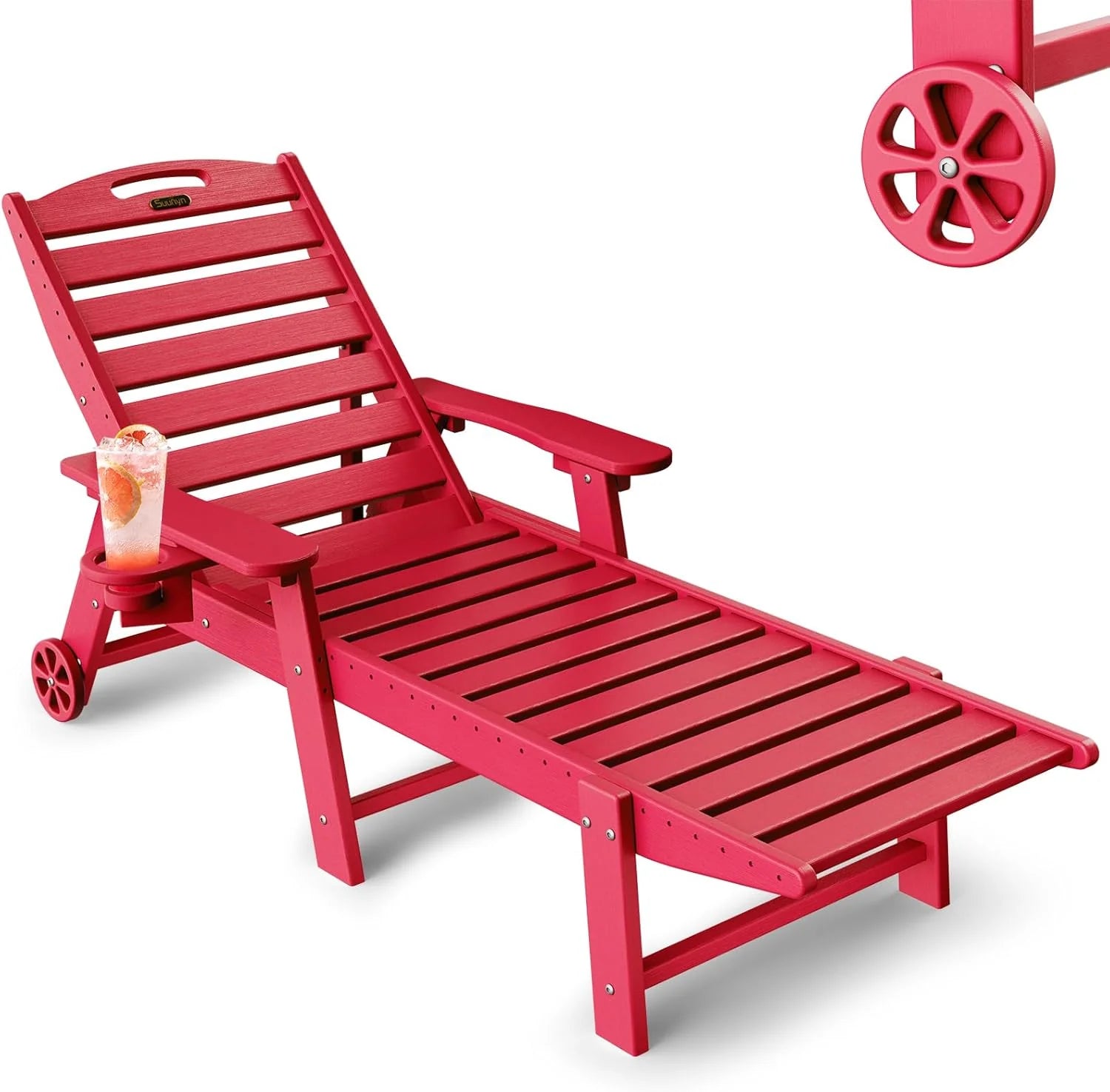 Lounge Chair Outdoor, Chaise Lounge, HDPE 6-Position Outdoor Chaise Lounge, Patio Lounge Chair with Wheels & Cup Holder for Pool Poolside Deck Backyard, Teak