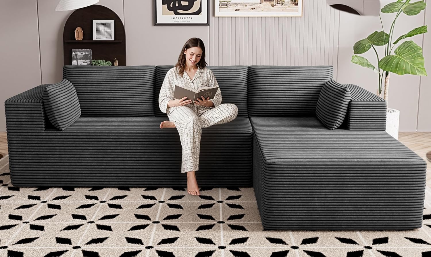 Cloud Sectional Boneless Couches for Living Room, Modular L Shaped Couch with Deep Seat Oversized Right Facing Chaise, Memory Foam Compressed Spineless 3 Seater Sofa for Apartment, Black | No Assembly Required, Deep Seat, Cat-Claw Resistant, High-Res