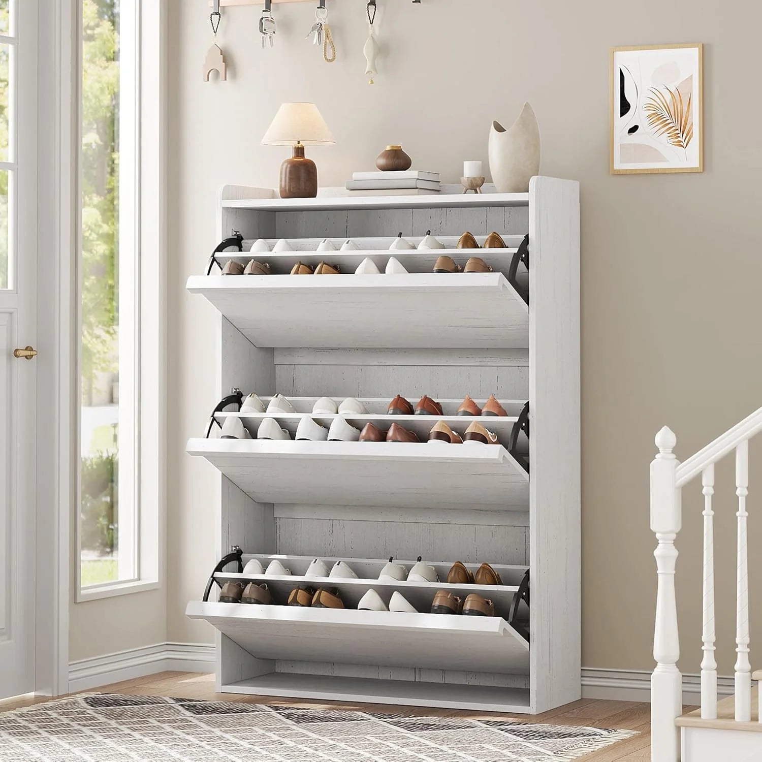 GarveeHome Shoe Cabinet with 3 Flip Top Drawers, Wooden Shoe Cabinet with Adjustable Shelves