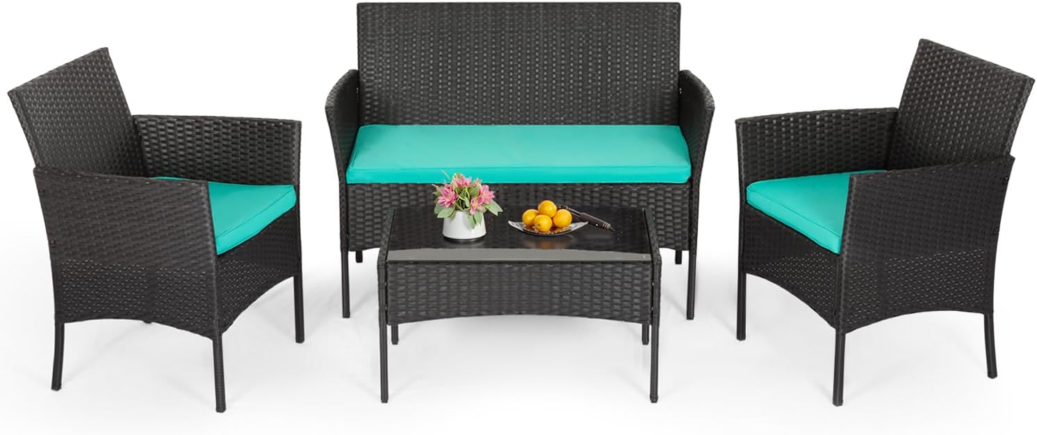 FDW | 4-Piece Patio Furniture Set | Black | Outdoor Wicker Furniture with Coffee Table | Modern Rattan Chairs Conversation Set | Outdoor Seating | Weather-Resistant | for Porch, Garden, Lawn