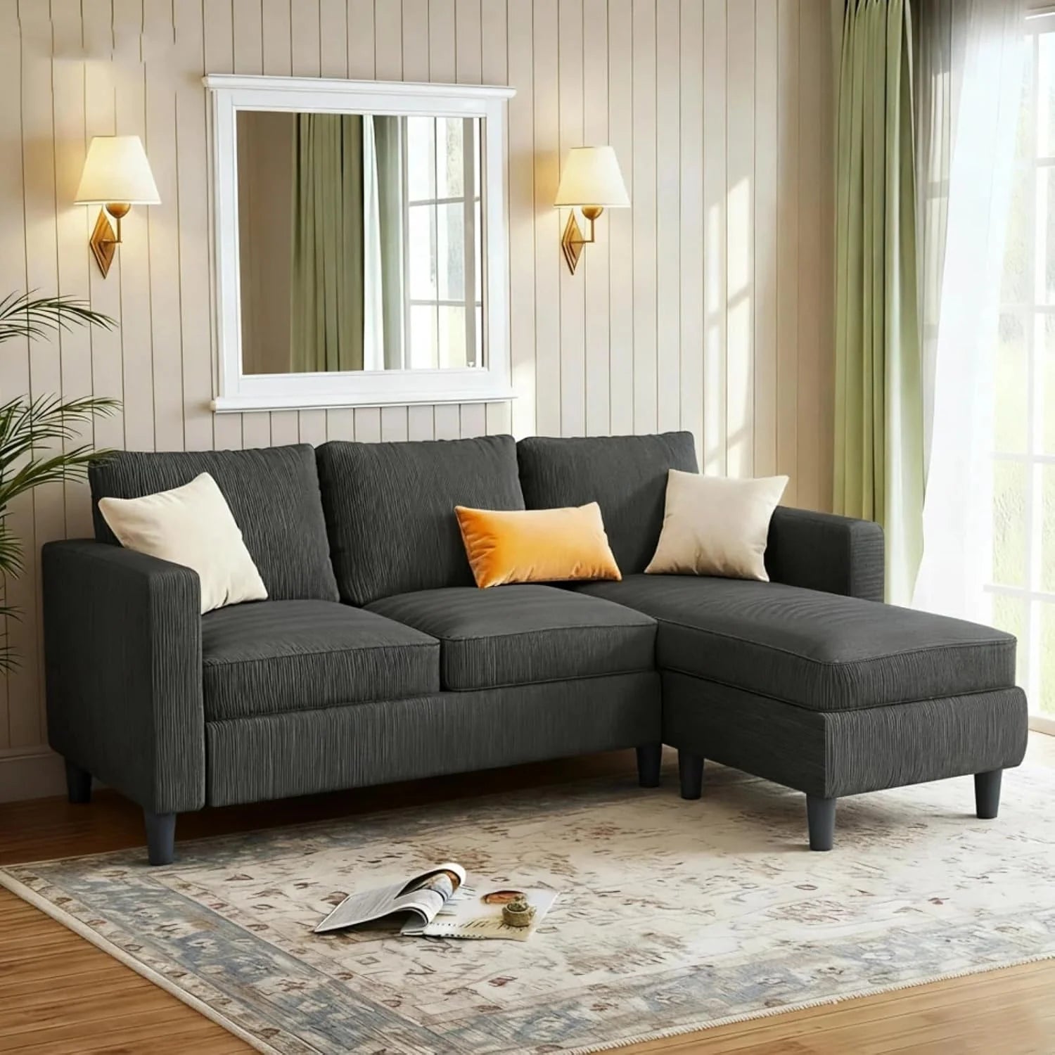 JAMFLY 3 Seat Convertible L Shaped Sectional Sofa  Ottoman Upholstered Fabric Couch