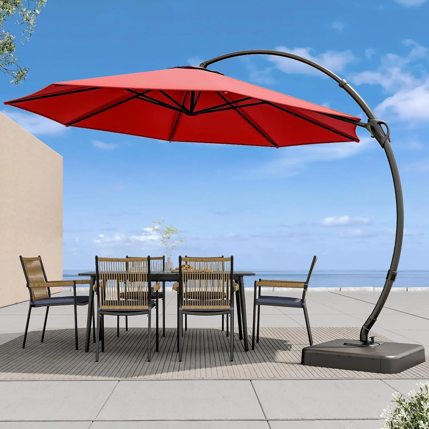LAUSAINT HOME Outdoor Patio Umbrella with Base included, 11 FT Deluxe Curvy Cantilever Umbrella Heavy Duty Offset Hanging Umbrella with 360° Rotation for Market, Pool, Garden, Backyard, Deck (Beige)