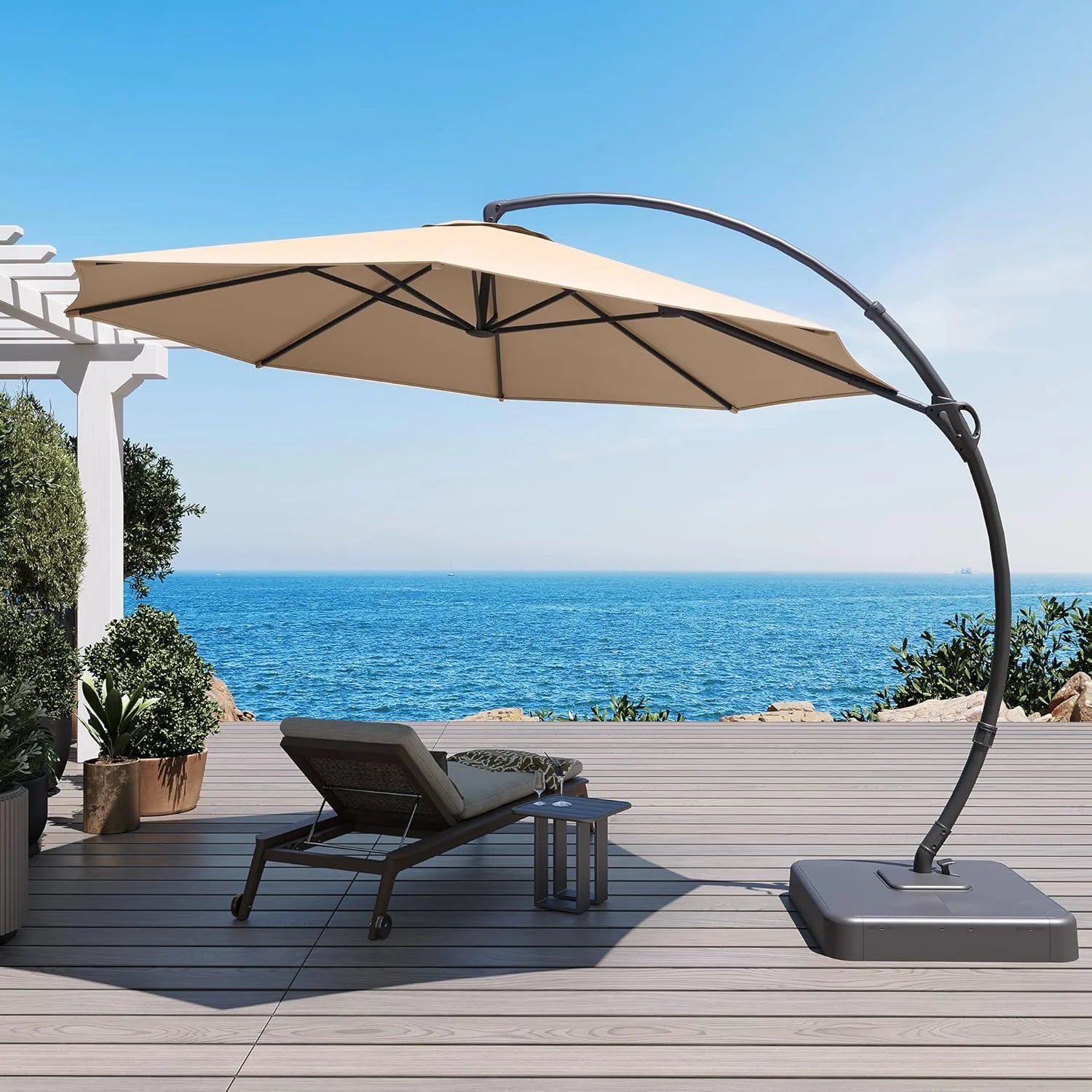 LAUSAINT HOME Outdoor Patio Umbrella with Base included, 11 FT Deluxe Curvy Cantilever Umbrella Heavy Duty Offset Hanging Umbrella with 360° Rotation for Market, Pool, Garden, Backyard, Deck (Beige)